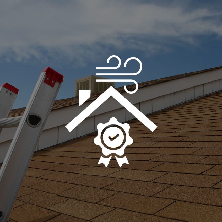 Illustrated certified wind mitigation inspector icon overlaid over an image of a roof